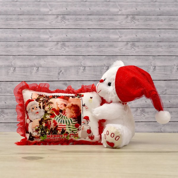 White 12 Inch Christmas Teddy Bear with cap and personalized cushion